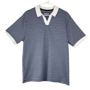 Mauvais Mens Blue Geometric Cube Print Short Sleeve Polo Shirt White Collar L